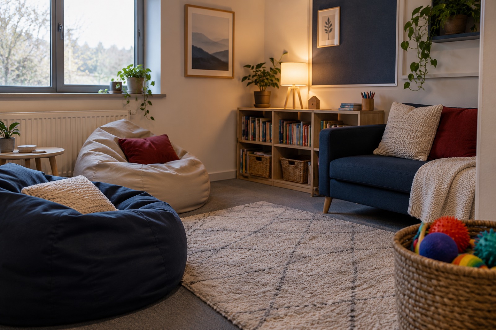 A calm intervention room with soft seating