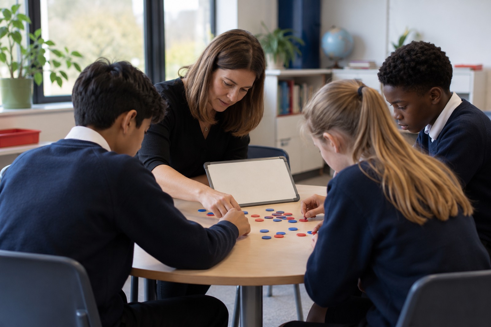 A teacher working with a small group of pupils around a table
